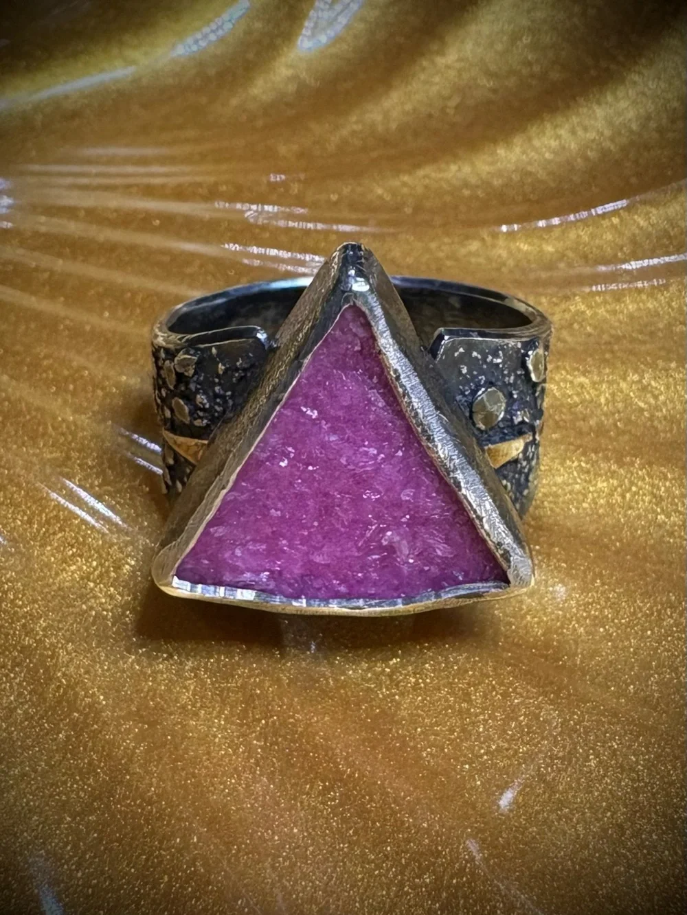 Pink Cobalto Calcite Sterling Silver Gold Druzy ring size 6 Artisan Designer